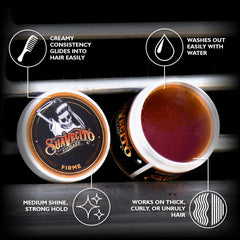 Suavecito open tin texture close-up showing creamy wax-like formula benefit