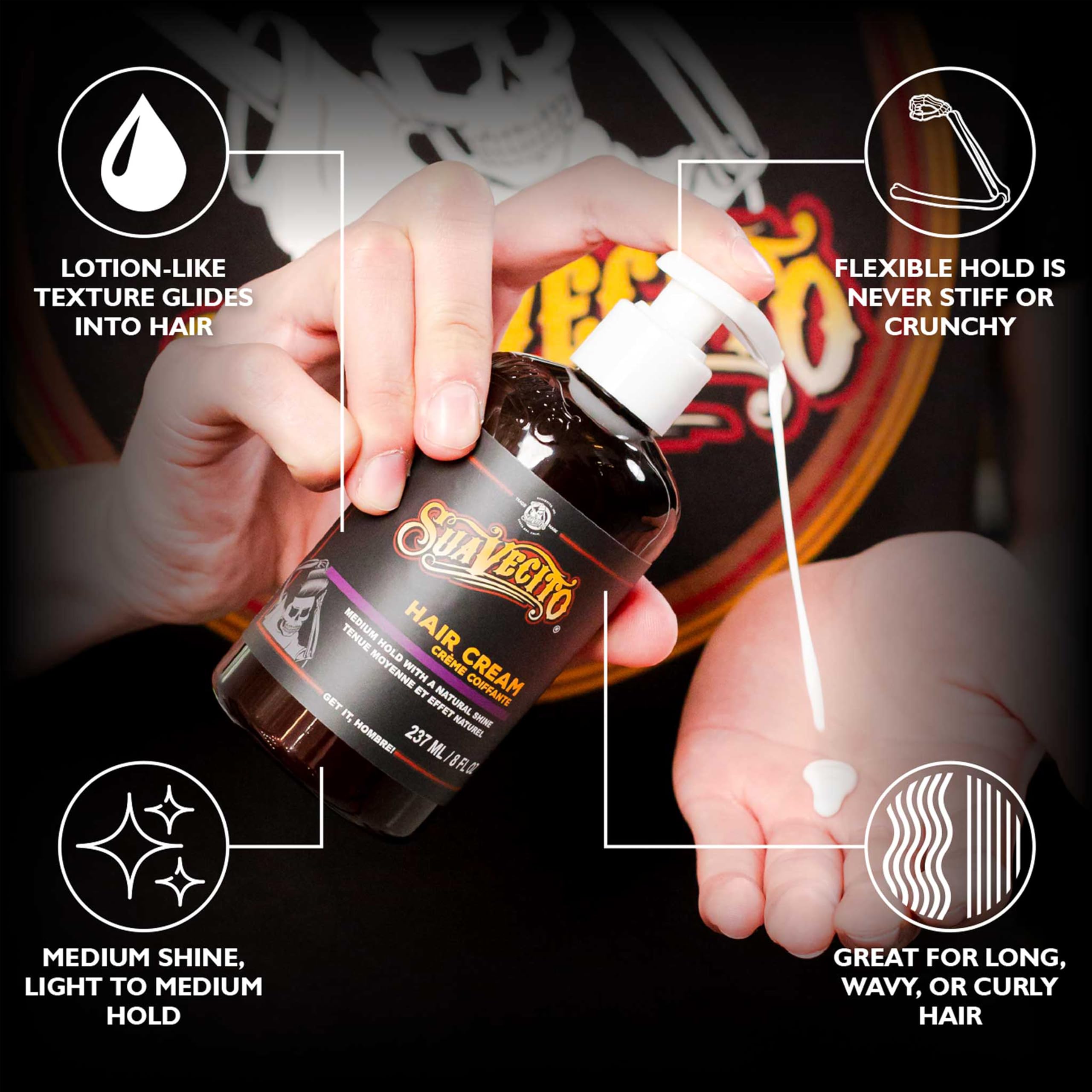 Suavecito pump open dispensing product for controlled application