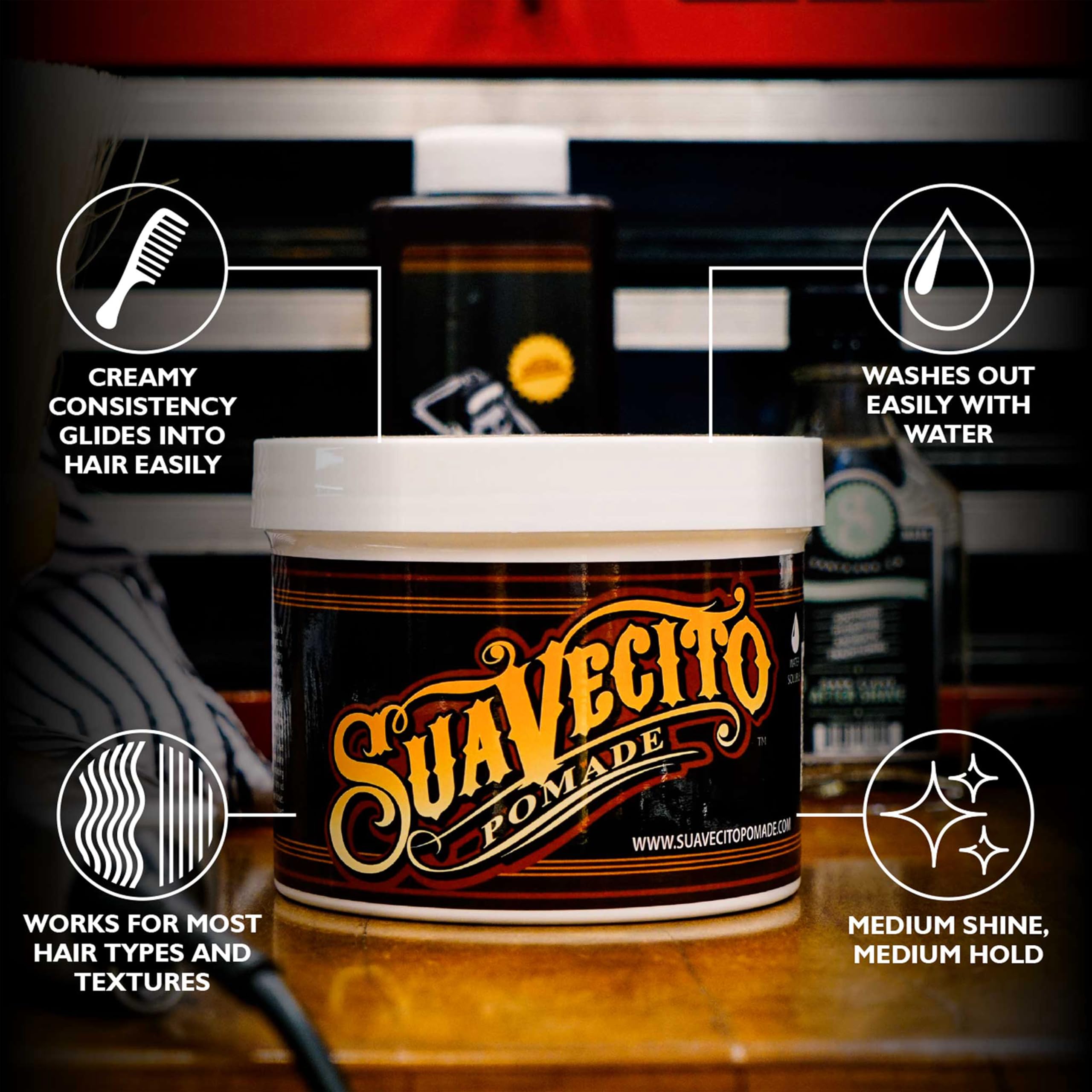 Suavecito open tub revealing creamy pomade texture ready for application and styling