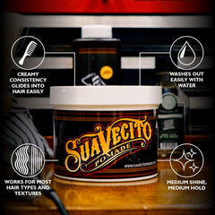 Suavecito open tub revealing creamy pomade texture ready for application and styling