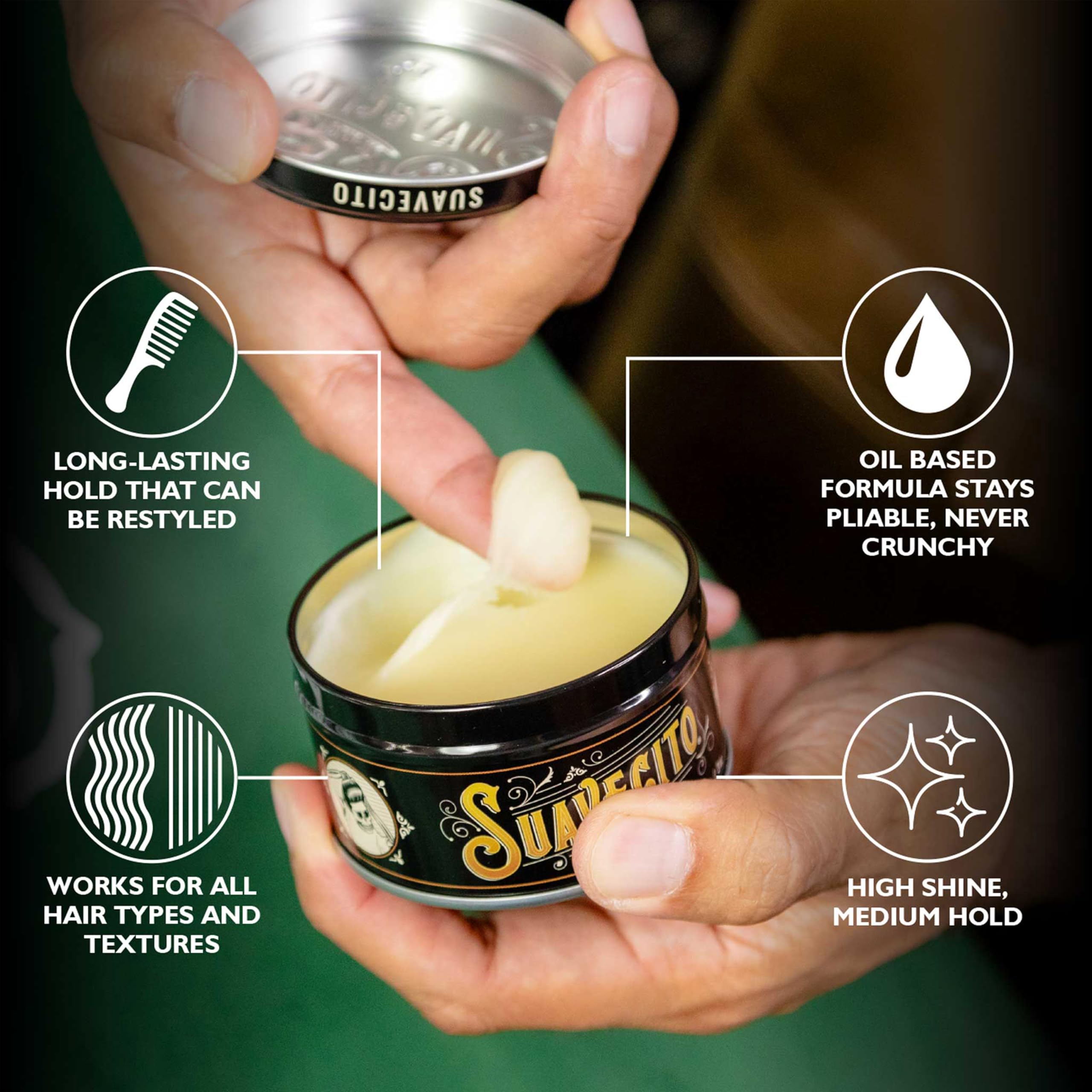 Model wearing Suavecito slickback hairstyle demonstrating glossy, neat finish