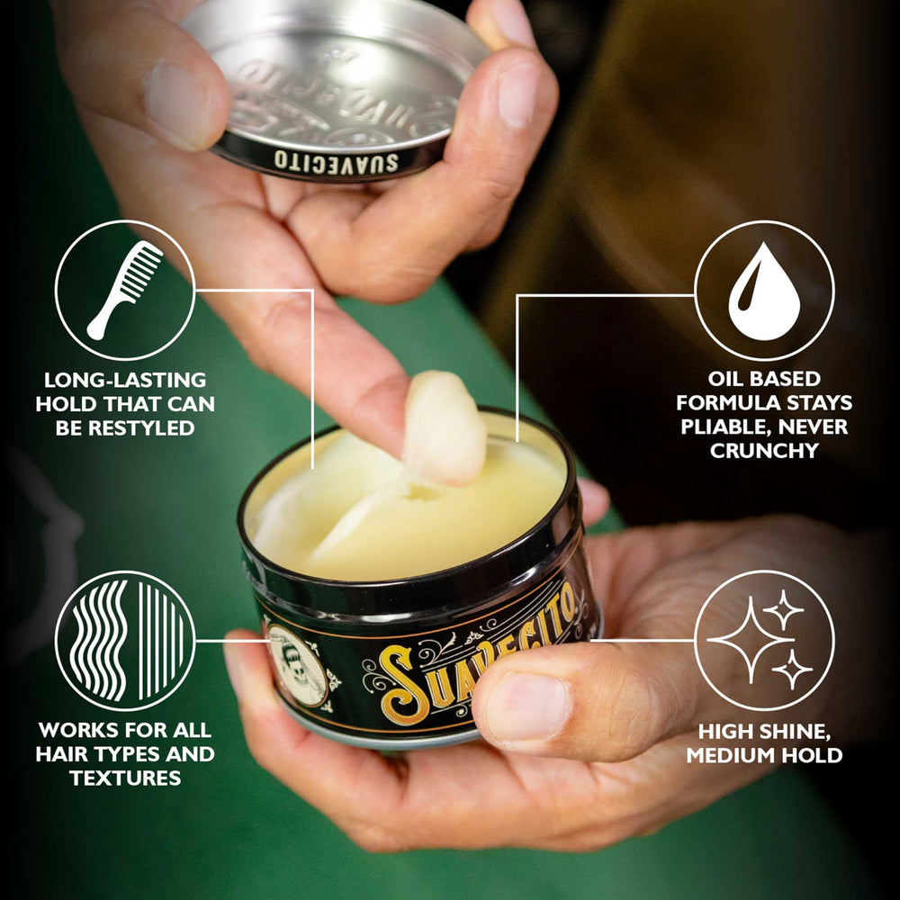 Model wearing Suavecito slickback hairstyle demonstrating glossy, neat finish