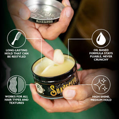 Model wearing Suavecito slickback hairstyle demonstrating glossy, neat finish