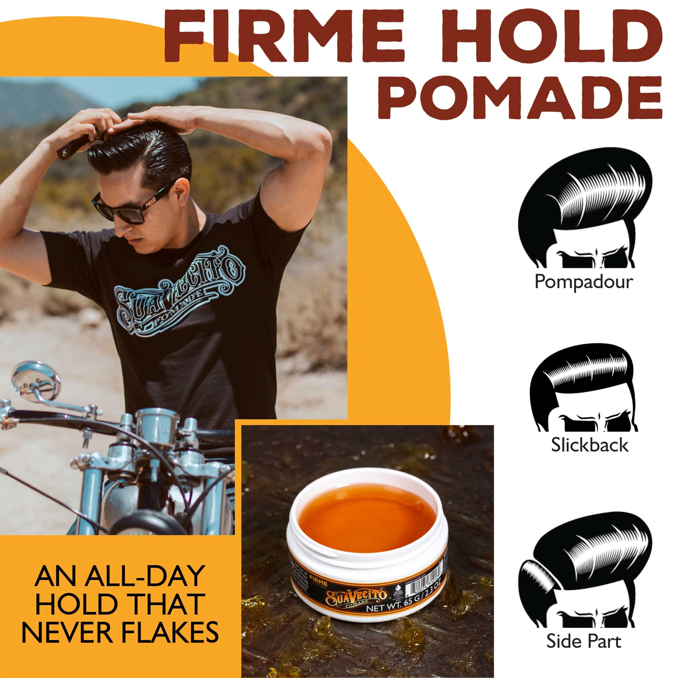 Man with Suavecito-styled pompadour showing strong hold and medium shine