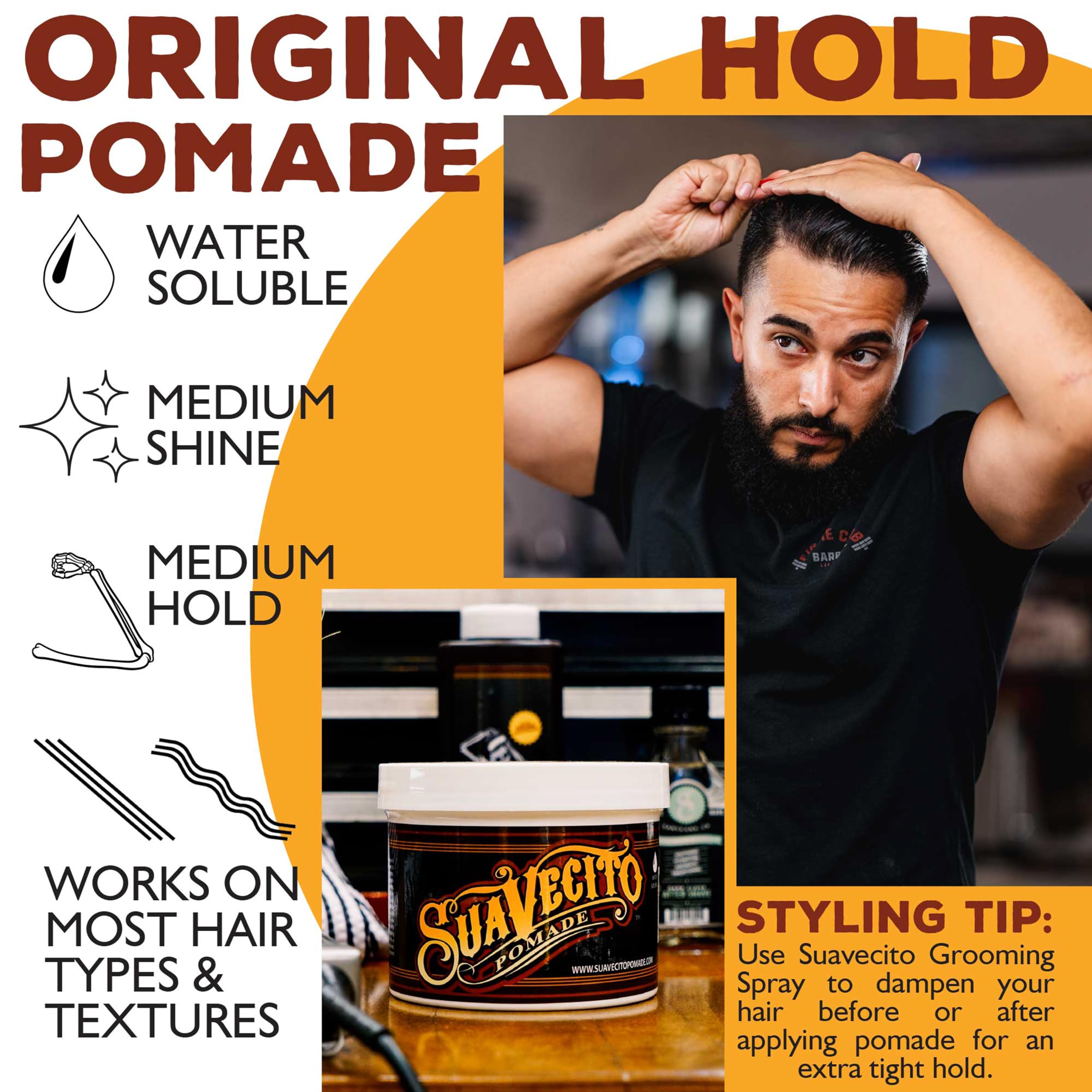 Suavecito styled side profile on model showing medium shine and defined shape