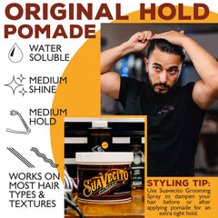 Suavecito styled side profile on model showing medium shine and defined shape