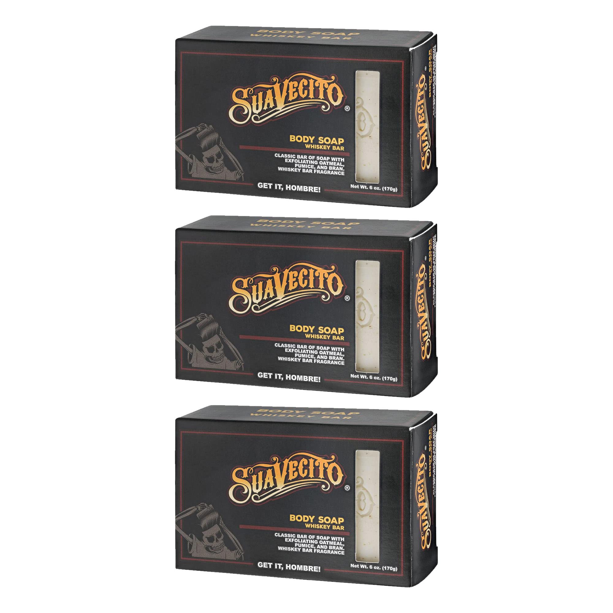 Suavecito Whiskey Bar front packaging showing three bars and bold label benefit of long‑lasting scent