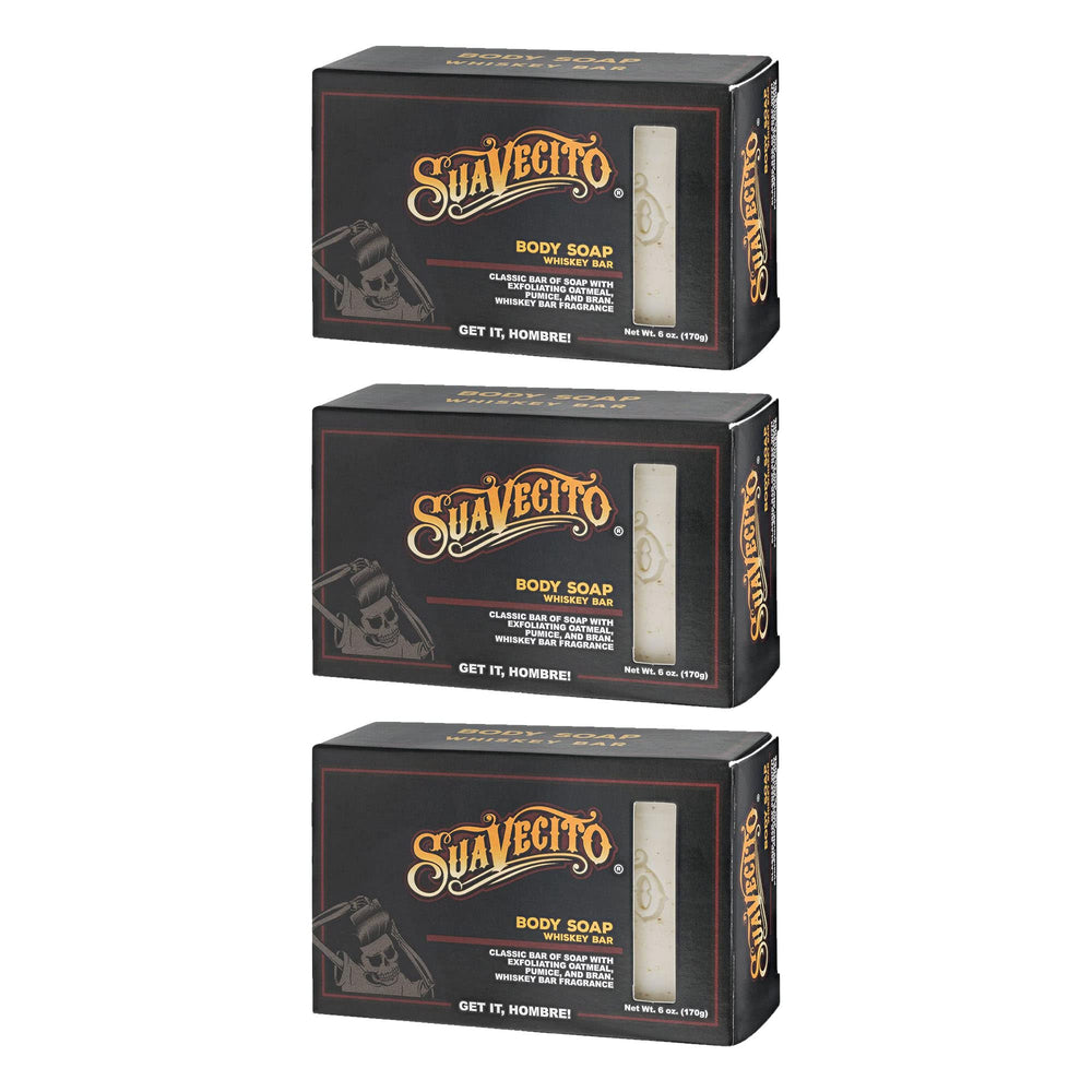 Suavecito Whiskey Bar front packaging showing three bars and bold label benefit of long‑lasting scent