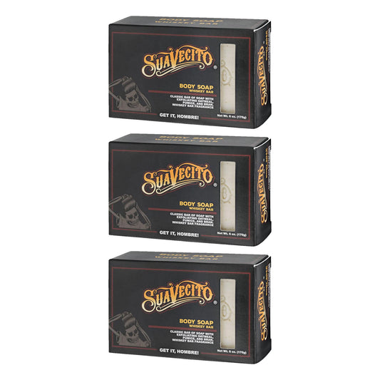 Suavecito Whiskey Bar front packaging showing three bars and bold label benefit of long‑lasting scent