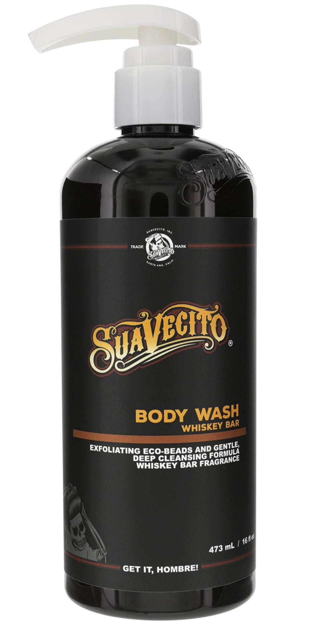 Suavecito pump bottle front view showing Whiskey Bar scent and easy dispensing benefit