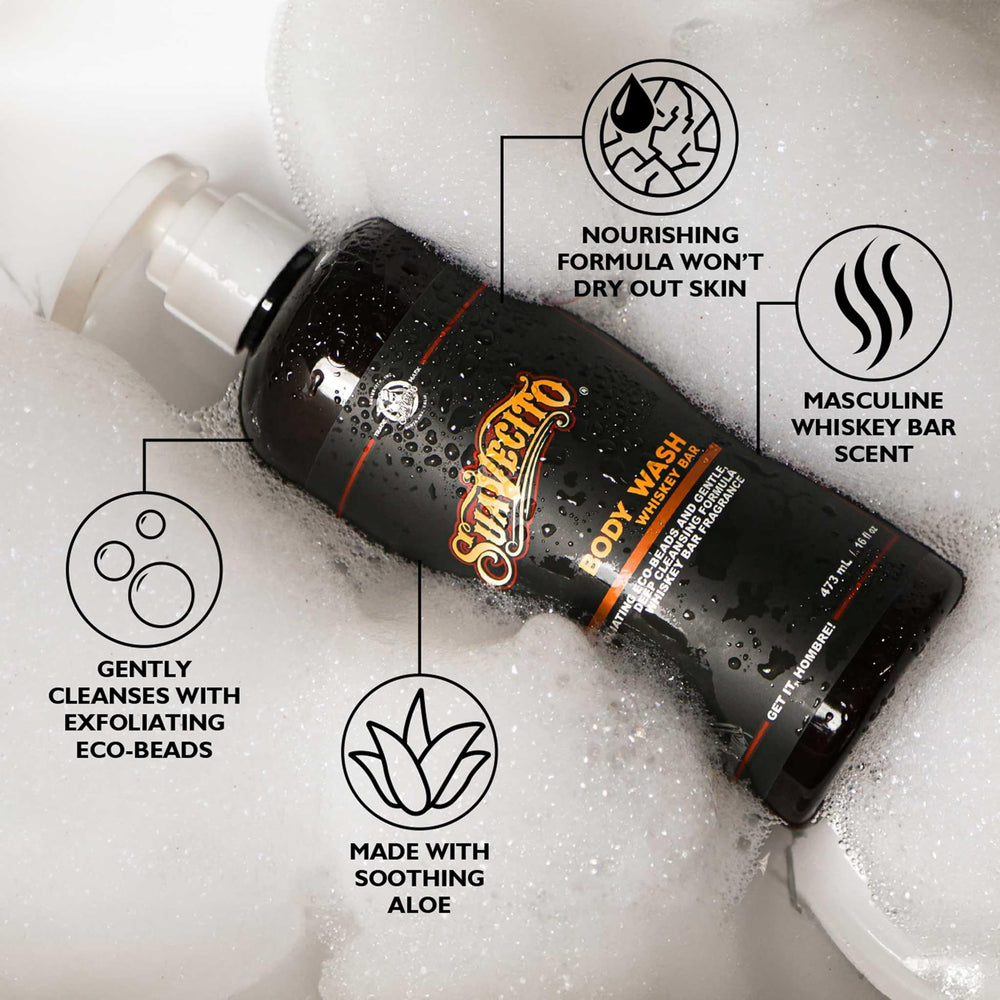 Close-up foam with eco-beads showing Suavecito exfoliation and gentle polishing benefit