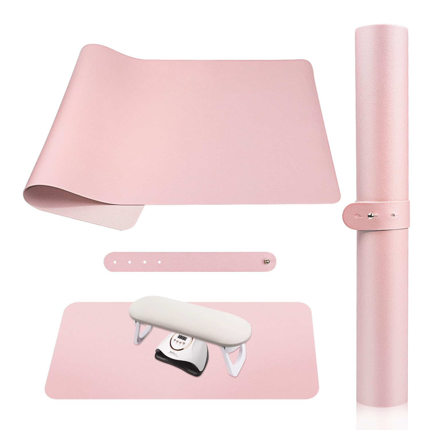 SUBAY front view pink mat protecting desk, neat workspace benefit