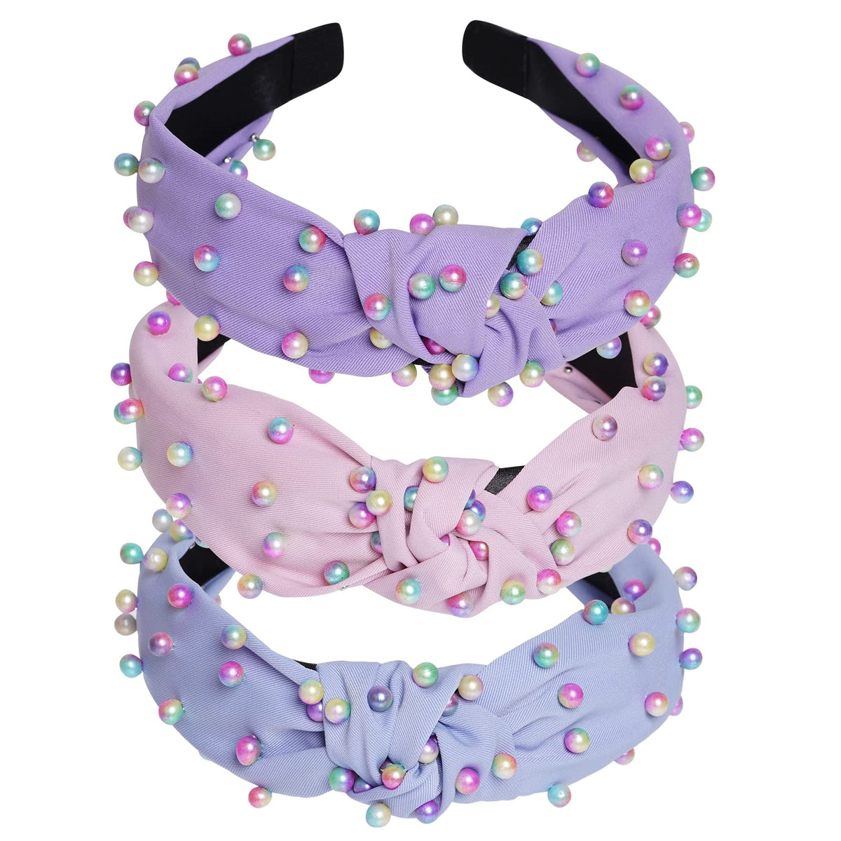 Sucrain front view of three pearl headbands showing colors and packaging, stylish storage benefit