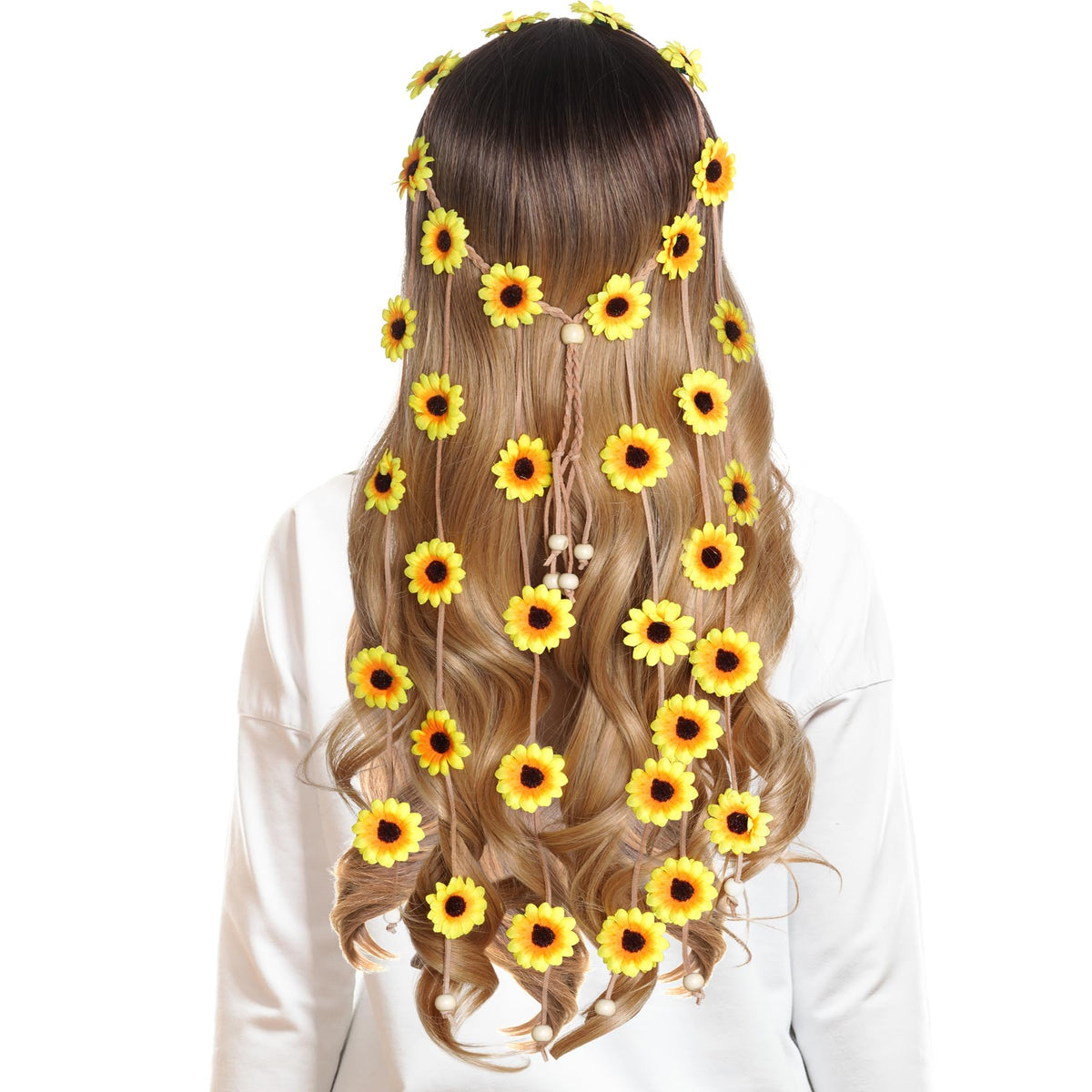 Sucrain front view floral crown showing full sunflower arrangement and braided rope for boho style