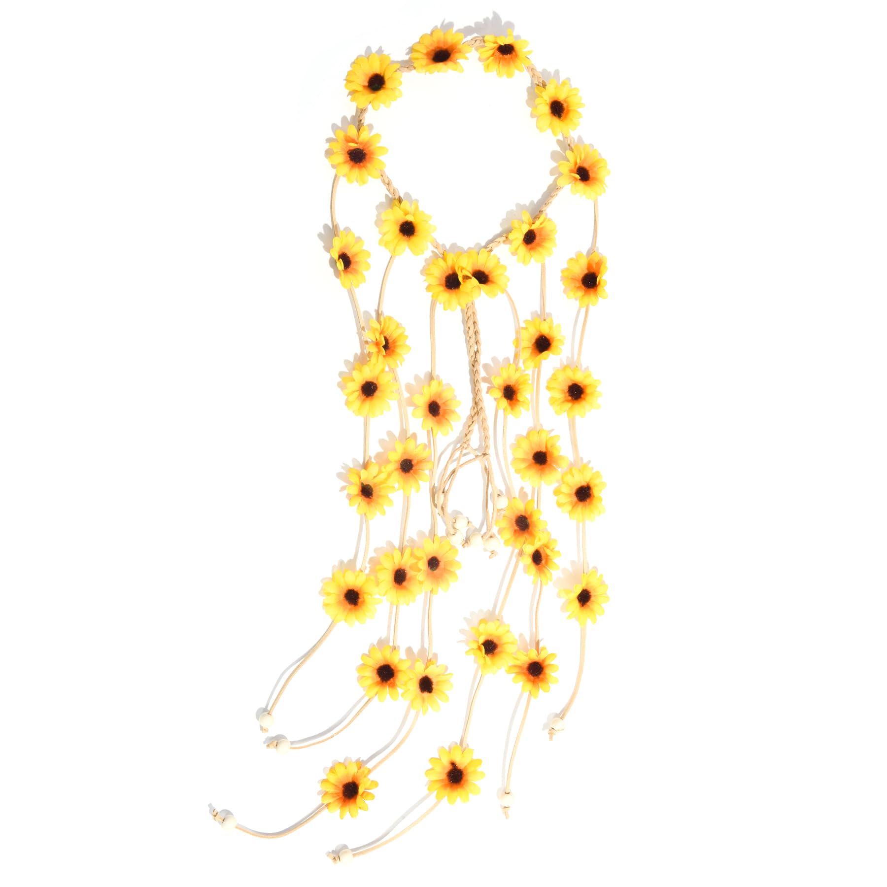 Sucrain lifestyle beach setting showing sunflower crown adding boho charm to summer outfit