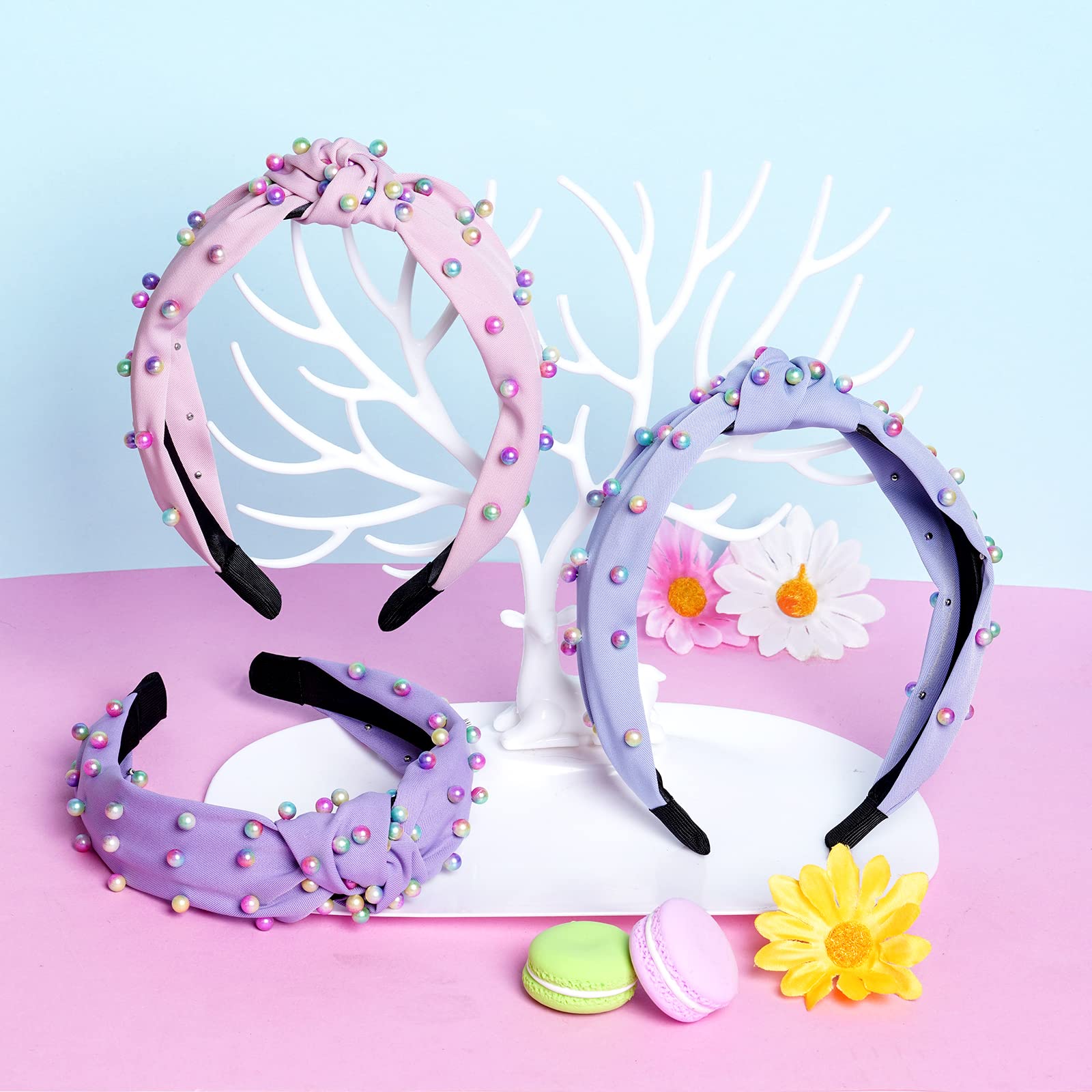 Sucrain three headbands stacked showing pink blue purple options for outfit coordination benefit