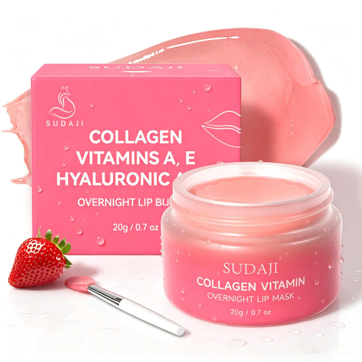 SUDAJI jar front view showing strawberry lip mask and hydration benefit