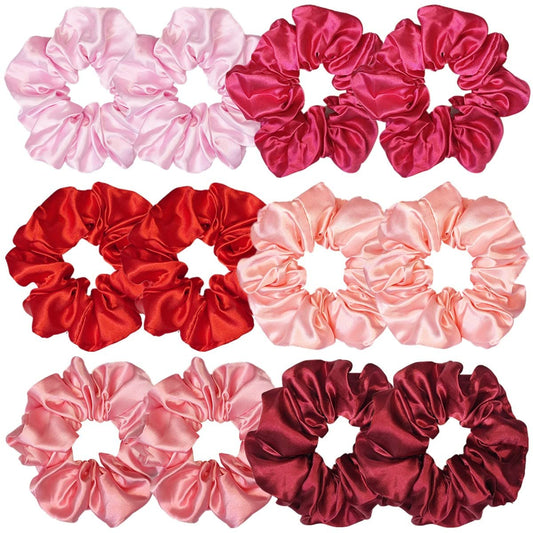 Sufermoe front packaging showing 12 assorted red scrunchies and compact storage benefit