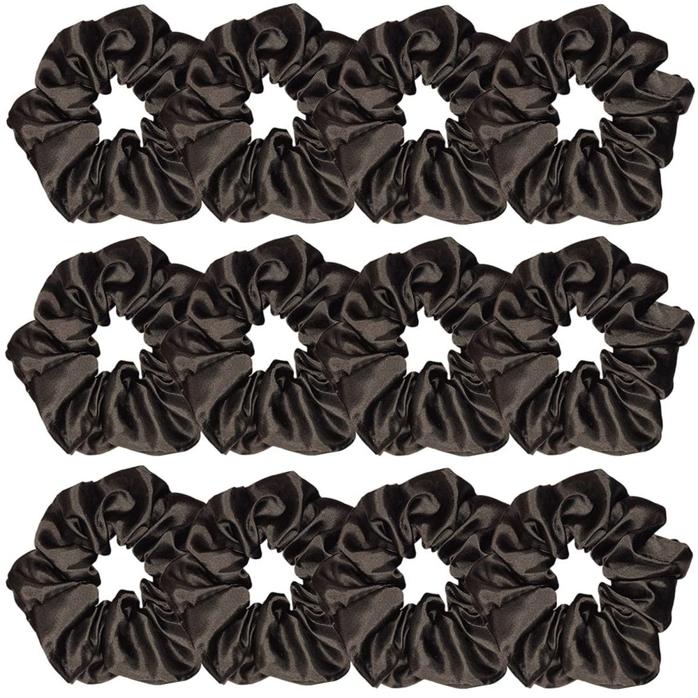 Sufermoe front packaging of 12 black satin scrunchies showing value and style