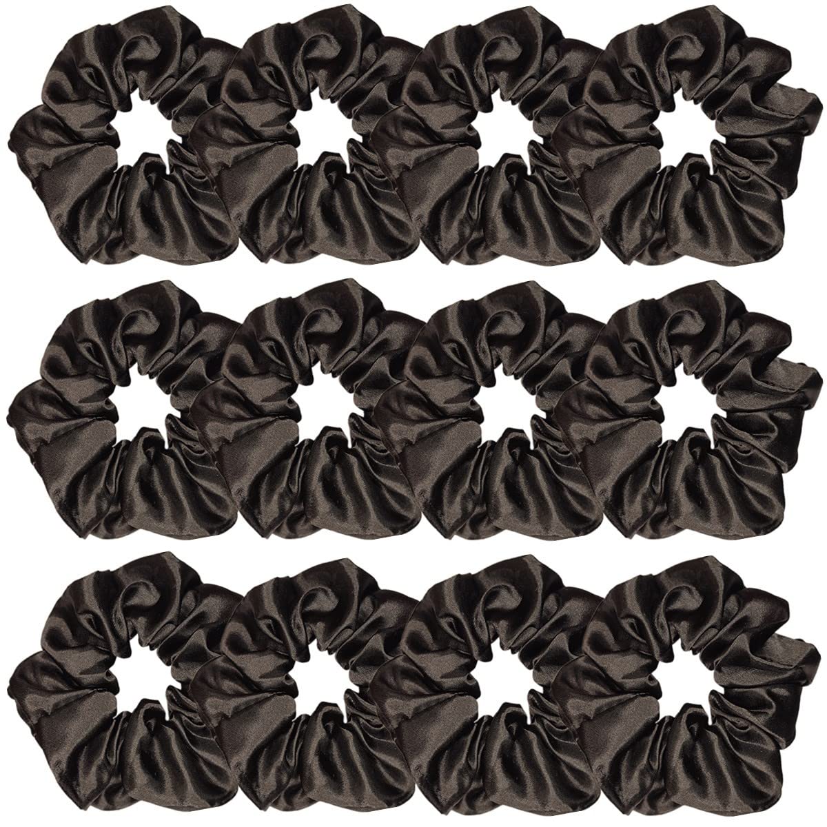 Sufermoe front packaging of 12 black satin scrunchies showing value and style
