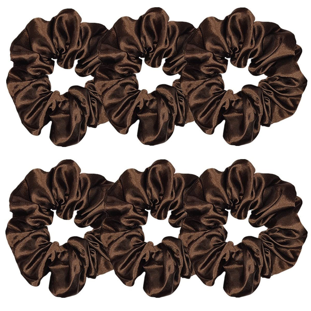 Sufermoe front view of six dark brown satin scrunchies showing neat packaging and versatile styling benefit