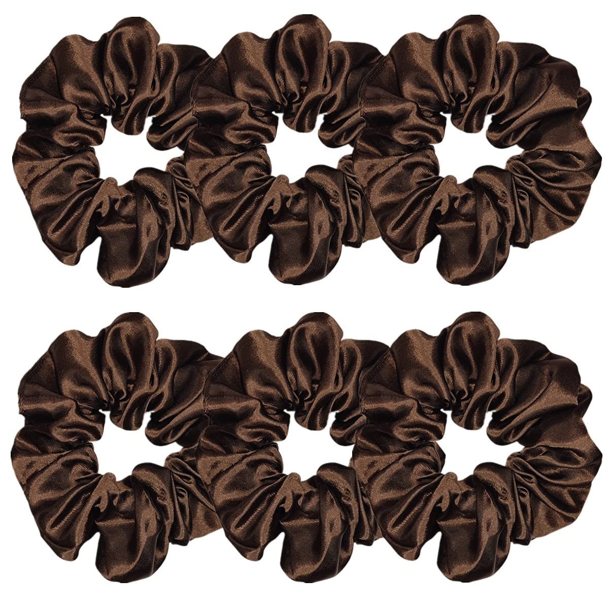 Sufermoe front view of six dark brown satin scrunchies showing neat packaging and versatile styling benefit