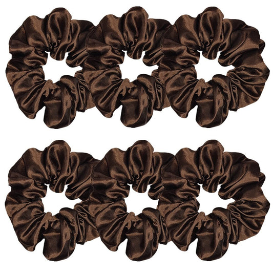 Sufermoe front view of six dark brown satin scrunchies showing neat packaging and versatile styling benefit