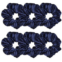 Sufermoe front view of navy satin scrunchies showing neat packaging and polished look