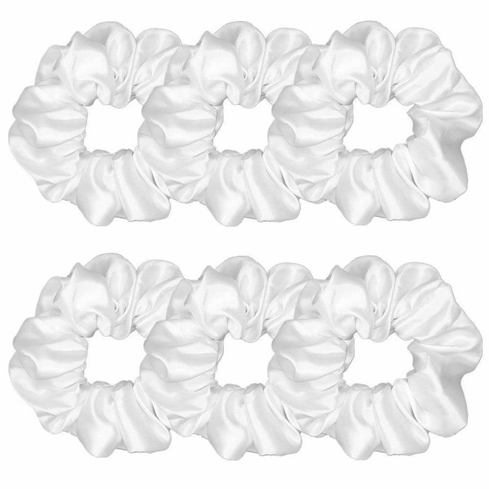 Sufermoe front packaging showing six pure white satin scrunchies, clean accessory option