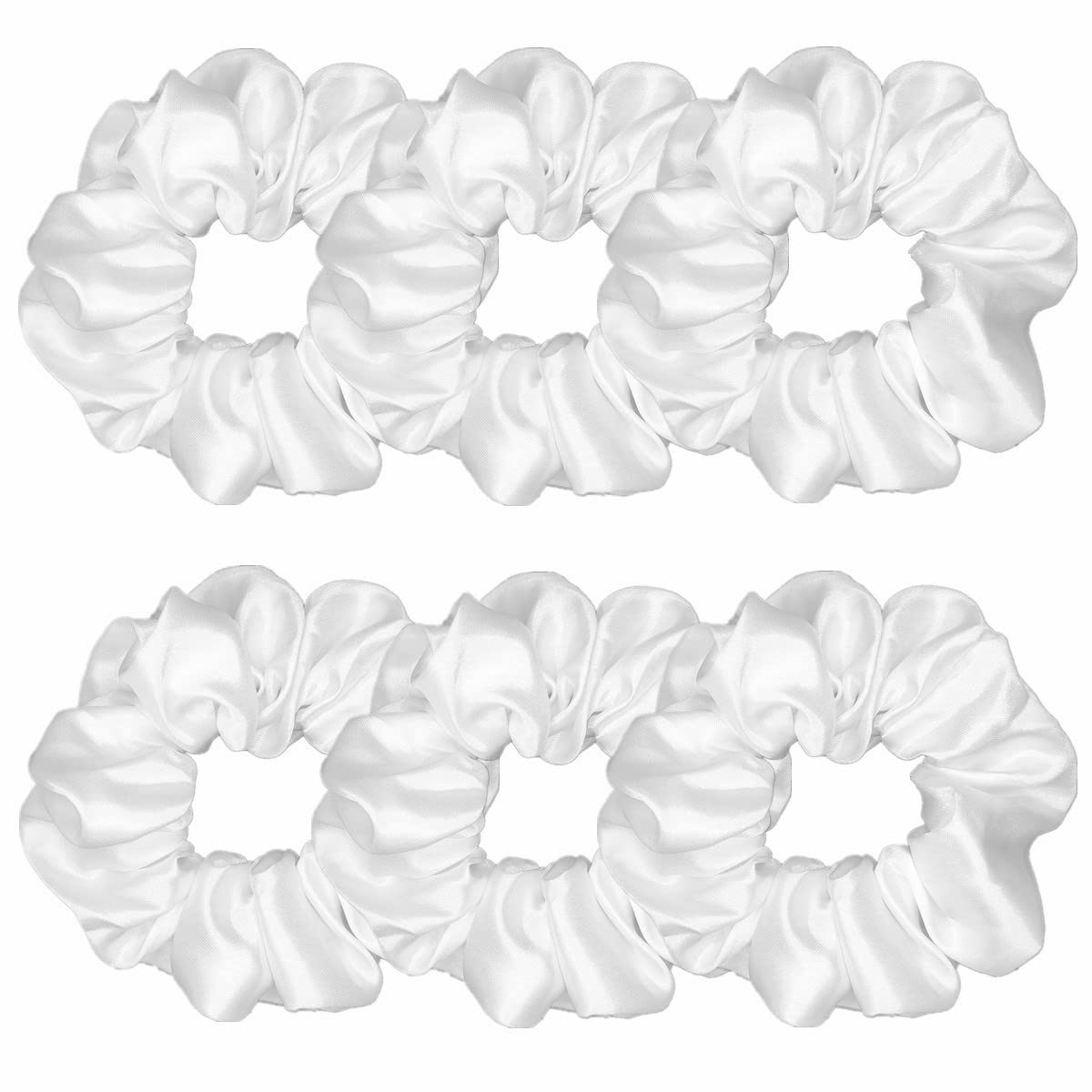 Sufermoe front packaging showing six pure white satin scrunchies, clean accessory option