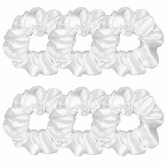 Sufermoe front packaging showing six pure white satin scrunchies, clean accessory option