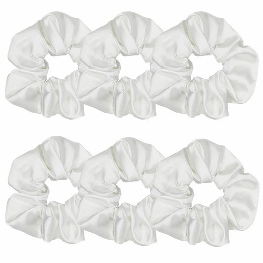 Sufermoe front packaging showing six white satin scrunchies, neat and gift-ready
