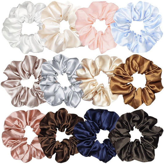 Sufermoe front packaging showing 12 satin silk scrunchies and color variety benefit stylish storage