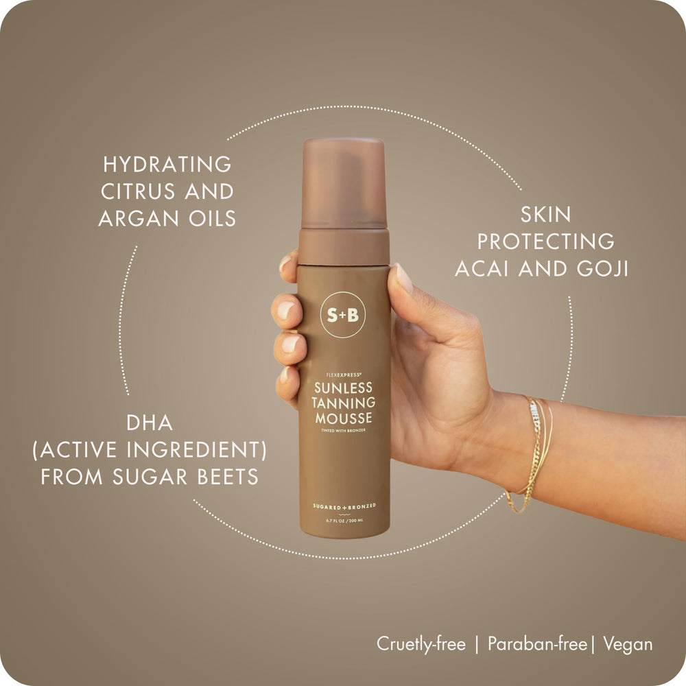 SUGARED + BRONZED bottle label highlighting FlexExpress formula benefits