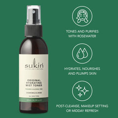 Sukin face mist application on model illustrating soothing chamomile refresh and glow