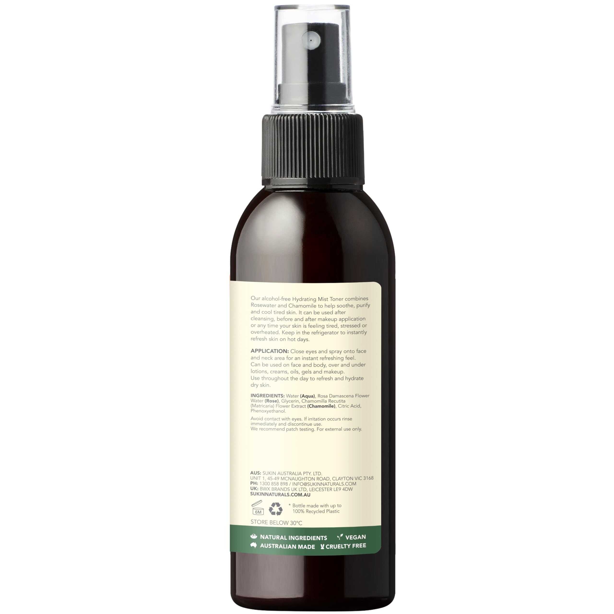 Sukin rose water texture close-up highlighting light hydration and gentle, natural ingredients