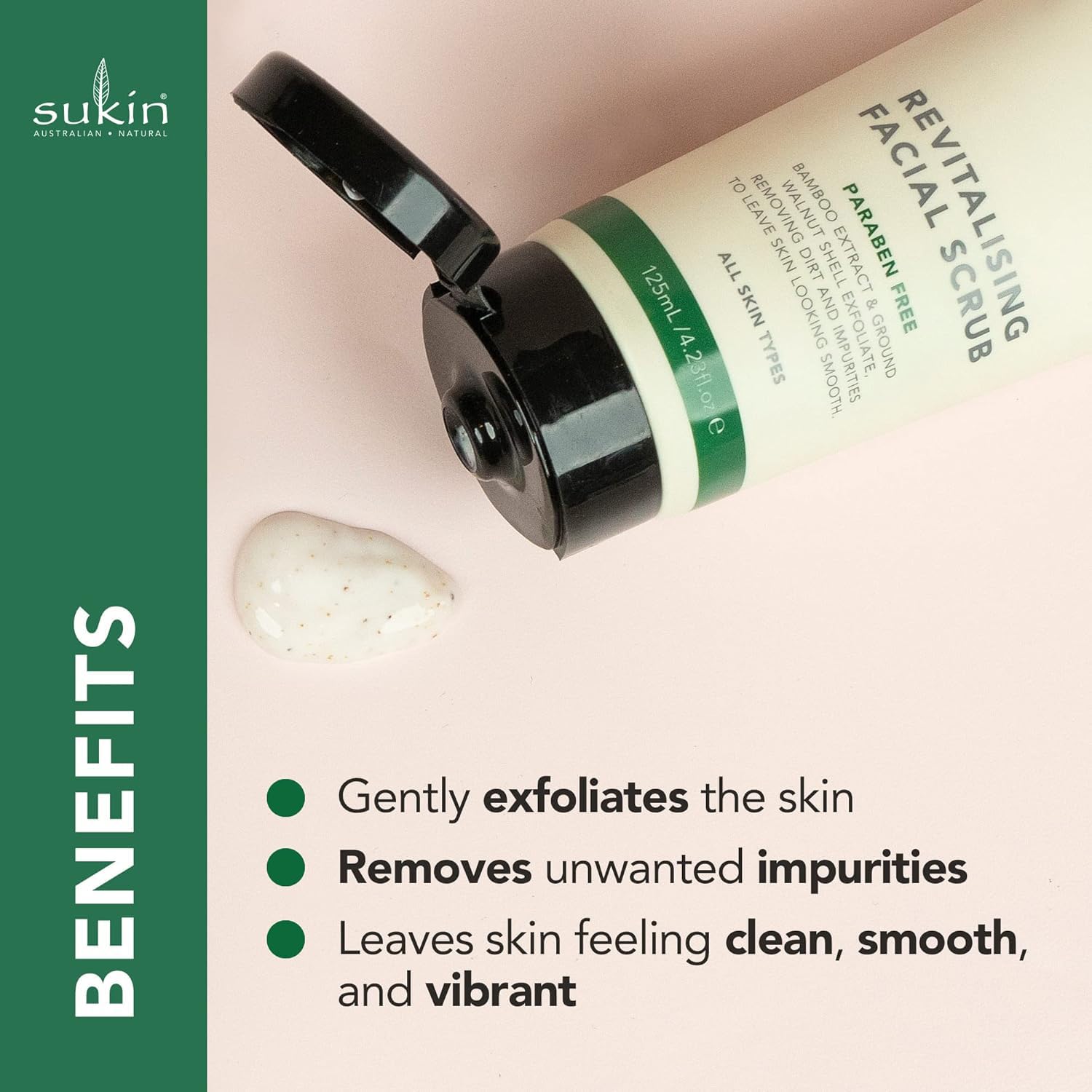 Sukin scrub in hand demonstrating easy spread and smooth application