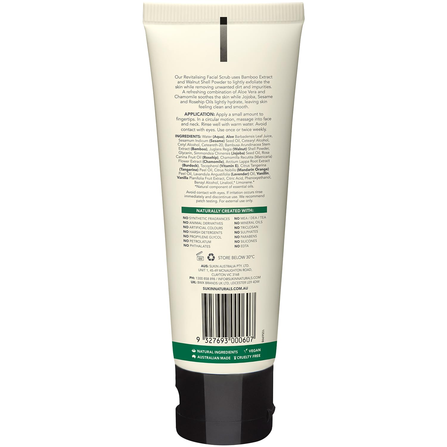 Sukin cream texture close-up with bamboo and walnut granules for gentle buffing