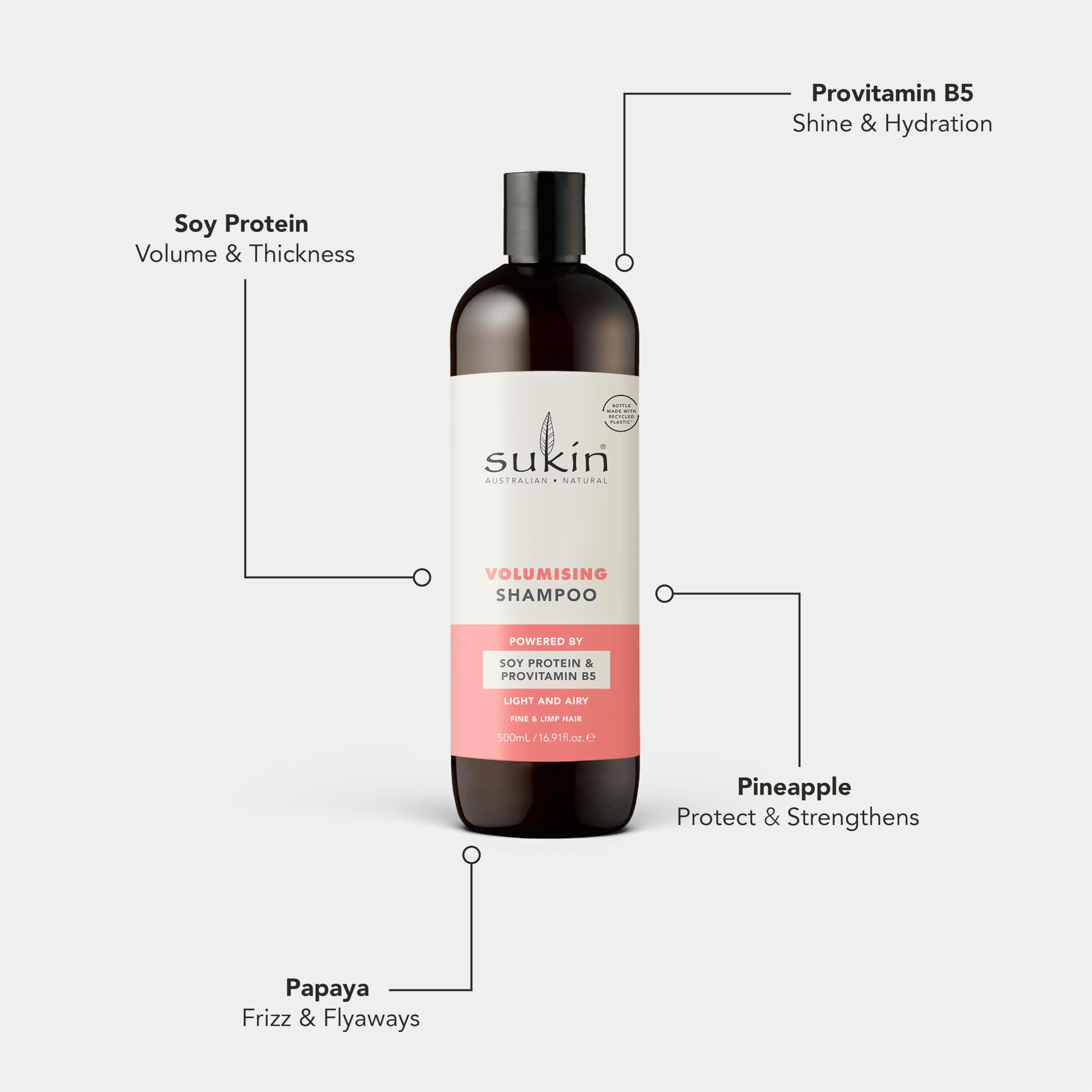 Sukin shampoo held in hand to show 16.9 fl oz scale and travel-friendly size