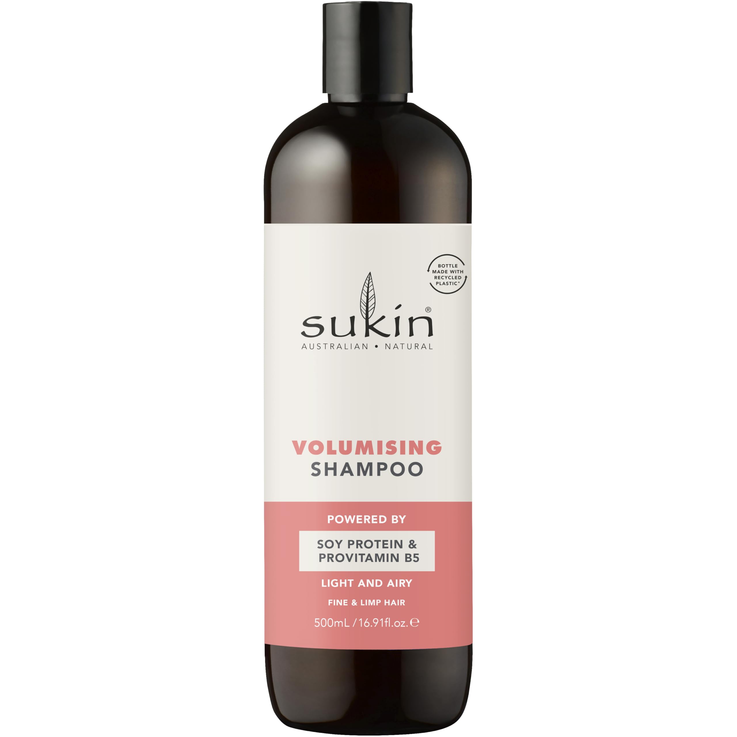 Sukin volumising shampoo front bottle showing label and size for easy identification and value