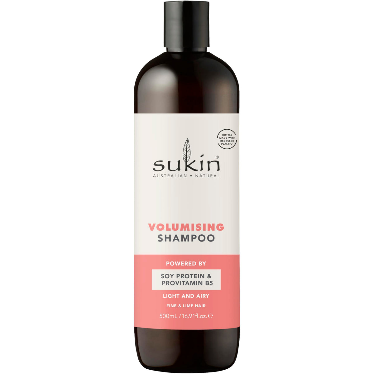 Sukin volumising shampoo front bottle showing label and size for easy identification and value