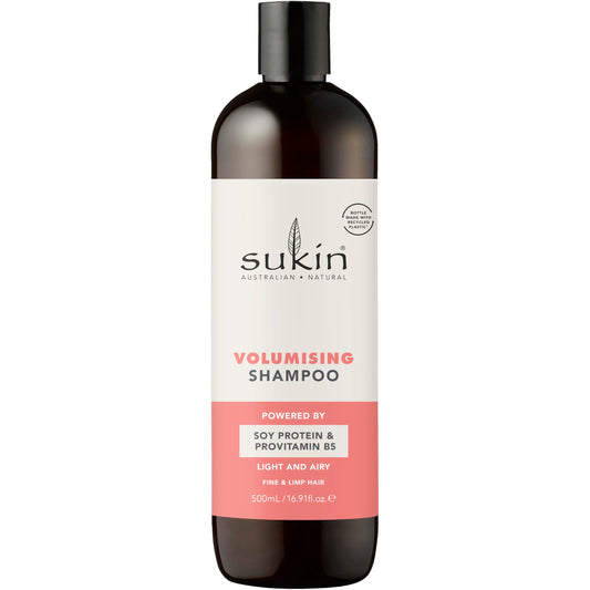 Sukin volumising shampoo front bottle showing label and size for easy identification and value