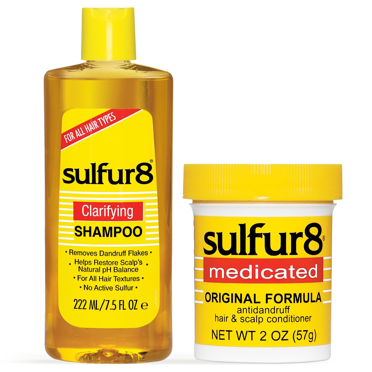 SULFUR8 duo front packaging showing both bottles and benefit of clarifying care