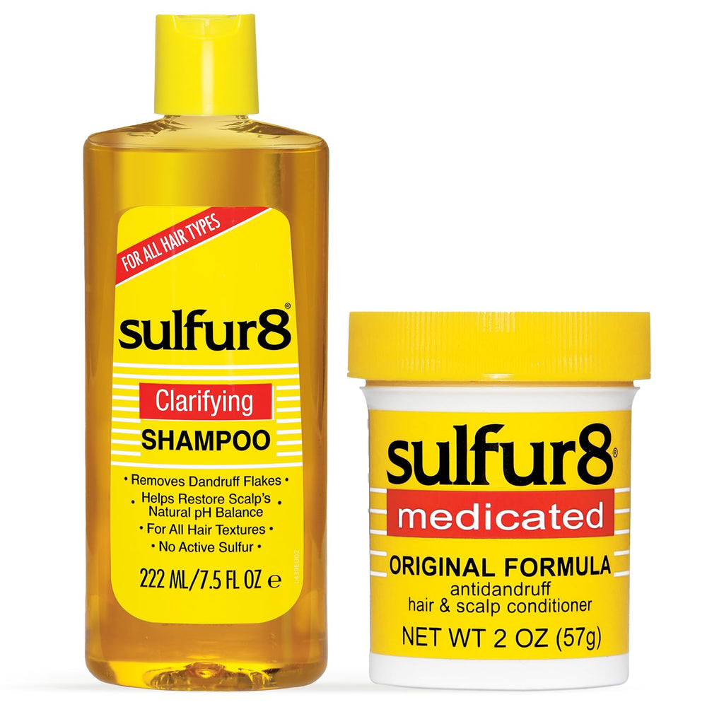 SULFUR8 duo front packaging showing both bottles and benefit of clarifying care