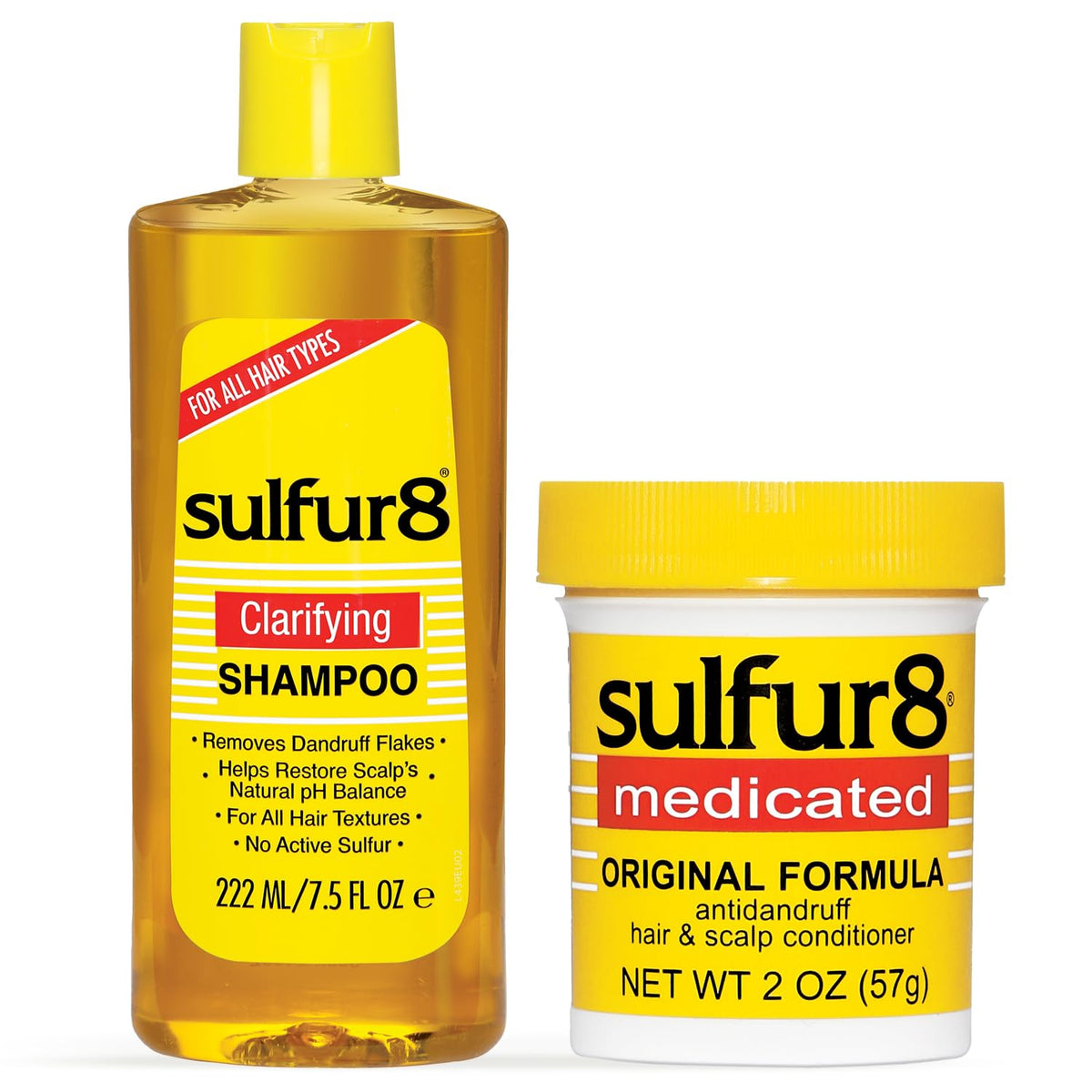 SULFUR8 duo front packaging showing both bottles and benefit of clarifying care