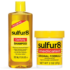 SULFUR8 duo front packaging showing both bottles and benefit of clarifying care