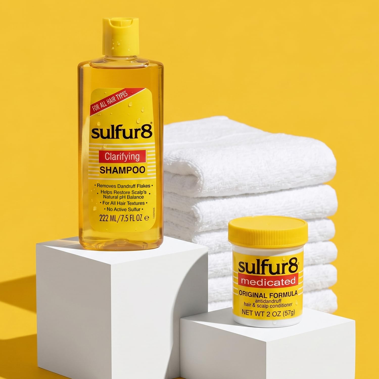 SULFUR8 duo on bathroom shelf in tidy routine for daily scalp care benefit