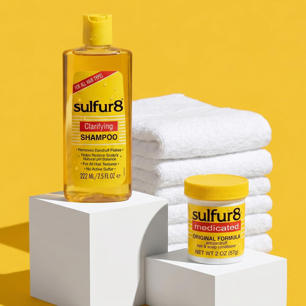 SULFUR8 duo on bathroom shelf in tidy routine for daily scalp care benefit