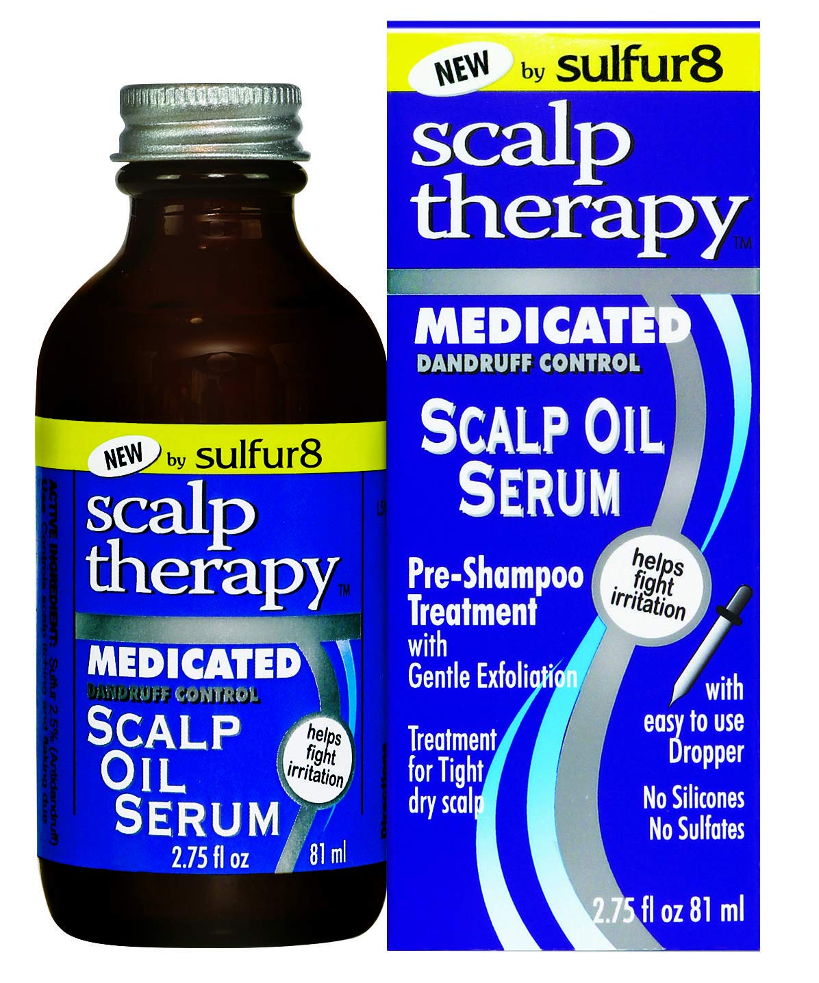 SULFUR8 front bottle view showing label and compact travel-friendly design for scalp relief