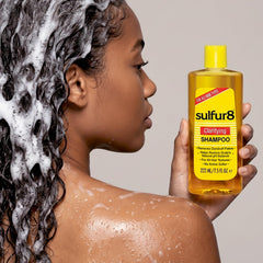 SULFUR8 shampoo dispensed into hand showing easy application and scalp clarity